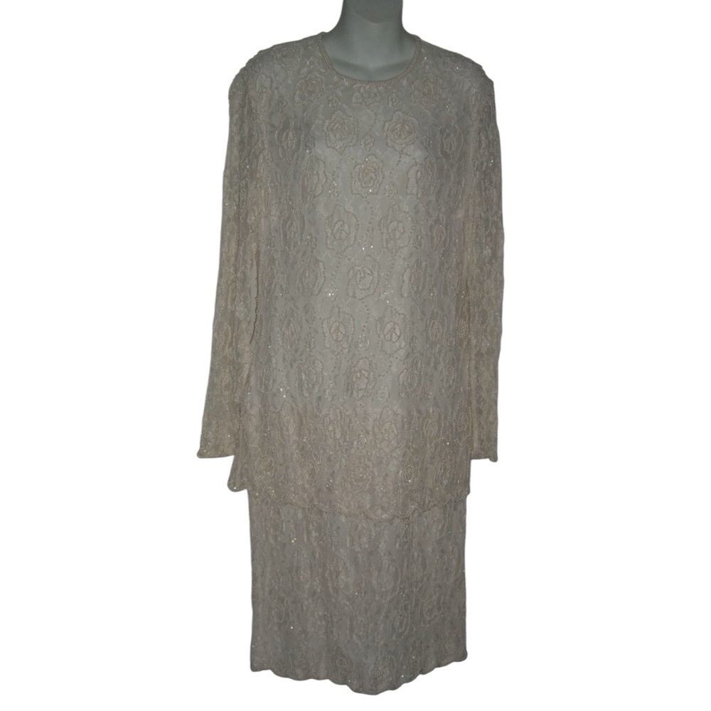 Adrianna Papell Boutique Dress Vintage 90's Beaded Pearl Lace Flapper Cottage Di